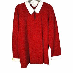 C.D. Daniels Womens Red Bouclé Sweater White Collar Button Snap Cuff SZ XL